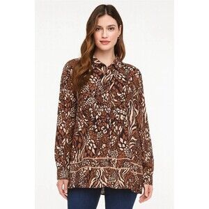 BonWorth Women’s Blouse Xl Button Long Sleeve Brown Black Animal Print Classic